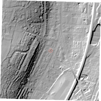 Shaded relief map of the ground around CR26HX, computed from Environment Agency LiDAR. The ground here sits at about 55 m above sea level and falls 36 m across the surrounding 800 m. Surface water reaching this point runs off ground lying to the south-west, 19.6 m higher.