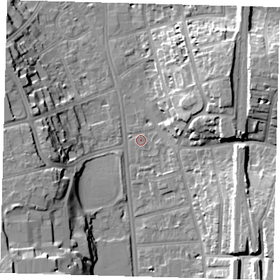 Shaded relief map of the ground around CR26JT, computed from Environment Agency LiDAR. The ground here sits at about 49 m above sea level and falls 22 m across the surrounding 800 m. Surface water reaching this point runs off ground lying to the east-north-east, 18.2 m higher.
