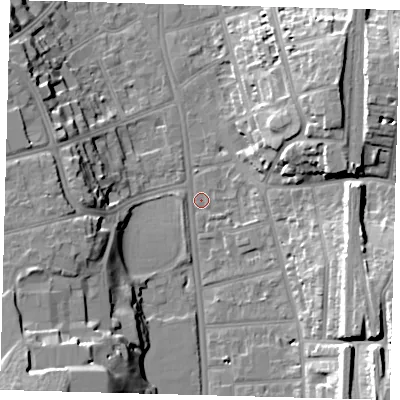 Shaded relief map of the ground around CR26JU, computed from Environment Agency LiDAR. The ground here sits at about 49 m above sea level and falls 23 m across the surrounding 800 m. Surface water reaching this point runs off ground lying to the south-east, 19.0 m higher.