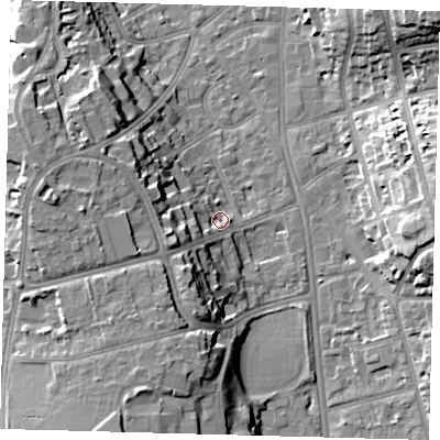 Shaded relief map of the ground around CR26LA, computed from Environment Agency LiDAR. The ground here sits at about 50 m above sea level and falls 18 m across the surrounding 800 m. Surface water reaching this point runs off ground lying to the west-south-west, 9.3 m higher.