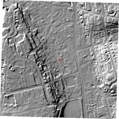Shaded relief map of the ground around CR26LD, computed from Environment Agency LiDAR. The ground here sits at about 49 m above sea level and falls 18 m across the surrounding 800 m. Surface water reaching this point runs off ground lying to the west-south-west, 15.5 m higher.