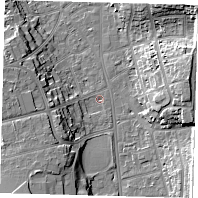 Shaded relief map of the ground around CR26LE, computed from Environment Agency LiDAR. The ground here sits at about 48 m above sea level and falls 19 m across the surrounding 800 m. Surface water reaching this point runs off ground lying to the west-south-west, 12.6 m higher.