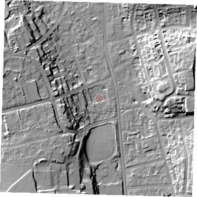 Shaded relief map of the ground around CR26LP, computed from Environment Agency LiDAR. The ground here sits at about 49 m above sea level and falls 19 m across the surrounding 800 m. Surface water reaching this point runs off ground lying to the west-south-west, 12.6 m higher.