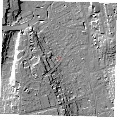 Shaded relief map of the ground around CR26LY, computed from Environment Agency LiDAR. The ground here sits at about 48 m above sea level and falls 22 m across the surrounding 800 m. Surface water reaching this point runs off ground lying to the south-west, 15.5 m higher.