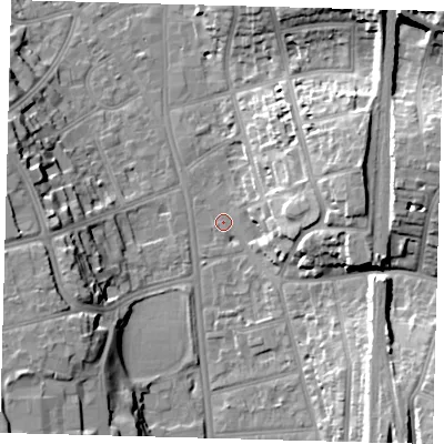 Shaded relief map of the ground around CR26PA, computed from Environment Agency LiDAR. The ground here sits at about 49 m above sea level and falls 21 m across the surrounding 800 m. Surface water reaching this point runs off ground lying to the east-north-east, 15.4 m higher.