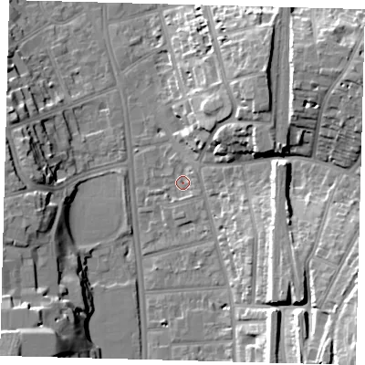 Shaded relief map of the ground around CR26PQ, computed from Environment Agency LiDAR. The ground here sits at about 50 m above sea level and falls 27 m across the surrounding 800 m. Surface water reaching this point runs off ground lying to the east-south-east, 2.1 m higher.