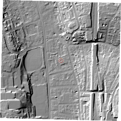Shaded relief map of the ground around CR26PR, computed from Environment Agency LiDAR. The ground here sits at about 51 m above sea level and falls 27 m across the surrounding 800 m. Surface water reaching this point runs off ground lying to the east-south-east, 8.3 m higher.
