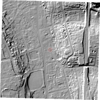 Shaded relief map of the ground around CR26PU, computed from Environment Agency LiDAR. The ground here sits at about 49 m above sea level and falls 34 m across the surrounding 800 m. Surface water reaching this point runs off ground lying to the east, 15.6 m higher.