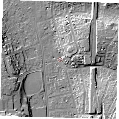 Shaded relief map of the ground around CR26PW, computed from Environment Agency LiDAR. The ground here sits at about 51 m above sea level and falls 25 m across the surrounding 800 m. Surface water reaching this point runs off ground lying to the east-north-east, 18.3 m higher.