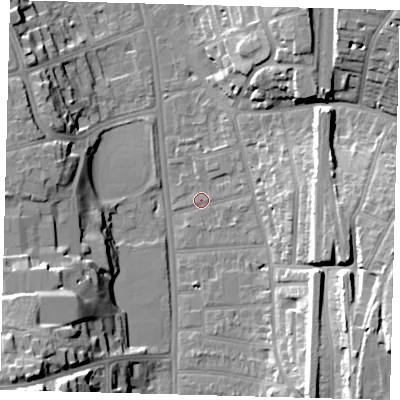 Shaded relief map of the ground around CR26RD, computed from Environment Agency LiDAR. The ground here sits at about 50 m above sea level and falls 30 m across the surrounding 800 m. Surface water reaching this point runs off ground lying to the east-south-east, 8.5 m higher.