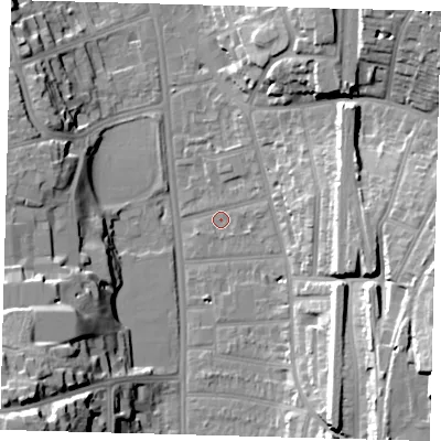 Shaded relief map of the ground around CR26RE, computed from Environment Agency LiDAR. The ground here sits at about 50 m above sea level and falls 30 m across the surrounding 800 m. Surface water reaching this point runs off ground lying to the east, 8.4 m higher.