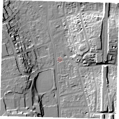 Shaded relief map of the ground around CR26TB, computed from Environment Agency LiDAR. The ground here sits at about 49 m above sea level and falls 21 m across the surrounding 800 m. Surface water reaching this point runs off ground lying to the south-east, 18.6 m higher.