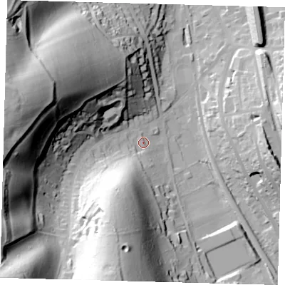 Shaded relief map of the ground around CR30AA, computed from Environment Agency LiDAR. The ground here sits at about 100 m above sea level and falls 74 m across the surrounding 800 m. Surface water reaching this point runs off ground lying to the south-south-west, 31.8 m higher.