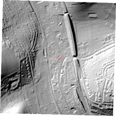 Shaded relief map of the ground around CR30AT, computed from Environment Agency LiDAR. The ground here sits at about 96 m above sea level and falls 72 m across the surrounding 800 m. Surface water reaching this point runs off ground lying to the south-south-east, 1.3 m higher.