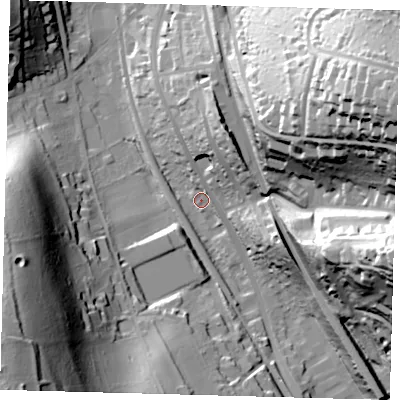 Shaded relief map of the ground around CR30BA, computed from Environment Agency LiDAR. The ground here sits at about 98 m above sea level and falls 76 m across the surrounding 800 m. Surface water reaching this point runs off ground lying to the east-north-east, 73.0 m higher.