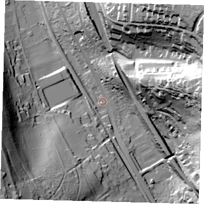 Shaded relief map of the ground around CR30BB, computed from Environment Agency LiDAR. The ground here sits at about 98 m above sea level and falls 79 m across the surrounding 800 m. Surface water reaching this point runs off ground lying to the north-east, 74.3 m higher.