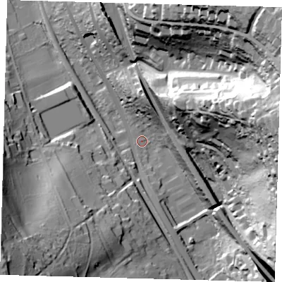 Shaded relief map of the ground around CR30BF, computed from Environment Agency LiDAR. The ground here sits at about 99 m above sea level and falls 82 m across the surrounding 800 m. Surface water reaching this point runs off ground lying to the east, 77.8 m higher.