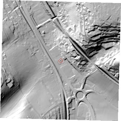 Shaded relief map of the ground around CR30BL, computed from Environment Agency LiDAR. The ground here sits at about 105 m above sea level and falls 86 m across the surrounding 800 m. Surface water reaching this point runs off ground lying to the east-north-east, 28.0 m higher.