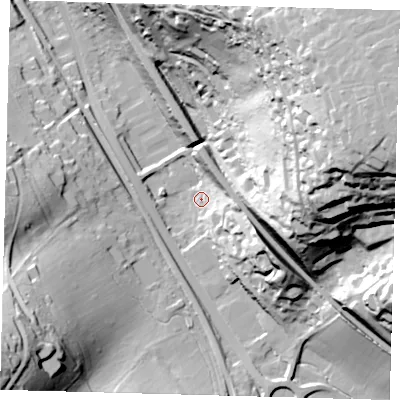 Shaded relief map of the ground around CR30BT, computed from Environment Agency LiDAR. The ground here sits at about 103 m above sea level and falls 88 m across the surrounding 800 m. Surface water reaching this point runs off ground lying to the east-south-east, 45.7 m higher.