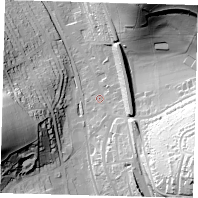 Shaded relief map of the ground around CR30ED, computed from Environment Agency LiDAR. The ground here sits at about 94 m above sea level and falls 69 m across the surrounding 800 m. Surface water reaching this point runs off ground lying to the south-east, 63.4 m higher.