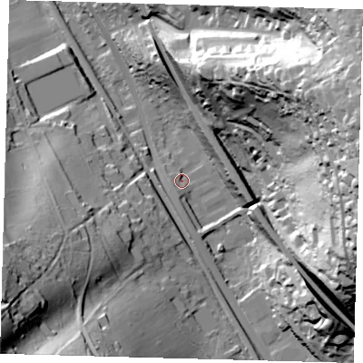 Shaded relief map of the ground around CR30GR, computed from Environment Agency LiDAR. The ground here sits at about 101 m above sea level and falls 85 m across the surrounding 800 m. Surface water reaching this point runs off ground lying to the south-south-west, 3.9 m higher.