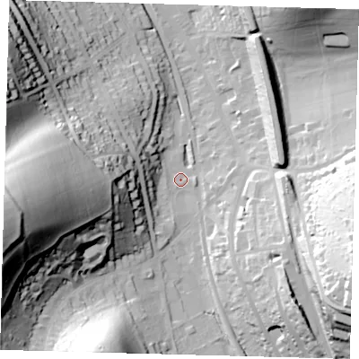 Shaded relief map of the ground around CR30XG, computed from Environment Agency LiDAR. The ground here sits at about 94 m above sea level and falls 68 m across the surrounding 800 m. Surface water reaching this point runs off ground lying to the west-south-west, 65.1 m higher.