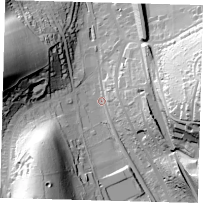 Shaded relief map of the ground around CR30YB, computed from Environment Agency LiDAR. The ground here sits at about 95 m above sea level and falls 65 m across the surrounding 800 m. Surface water reaching this point runs off ground lying to the south-south-west, 62.0 m higher.