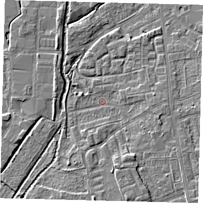 Shaded relief map of the ground around CR43BY, computed from Environment Agency LiDAR. The ground here sits at about 15 m above sea level and falls 7 m across the surrounding 800 m. Surface water reaching this point runs off ground lying to the south-south-east, 4.4 m higher.