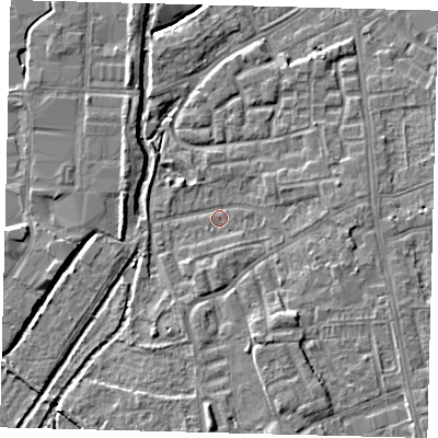 Shaded relief map of the ground around CR43BZ, computed from Environment Agency LiDAR. The ground here sits at about 15 m above sea level and falls 7 m across the surrounding 800 m. Surface water reaching this point runs off ground lying to the south-south-east, 4.4 m higher.