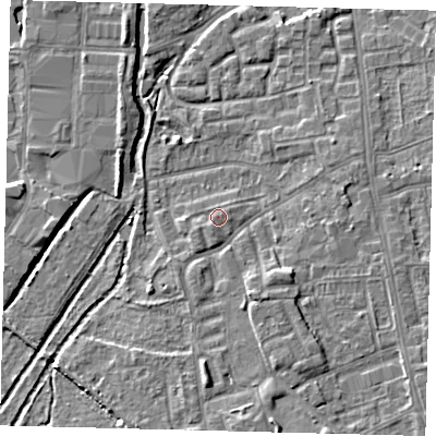 Shaded relief map of the ground around CR43FS, computed from Environment Agency LiDAR. The ground here sits at about 16 m above sea level and falls 6 m across the surrounding 800 m. Surface water reaching this point runs off ground lying to the south-west, 1.1 m higher.