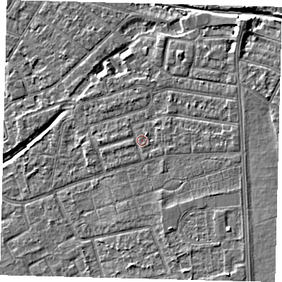 Shaded relief map of the ground around CR43JQ, computed from Environment Agency LiDAR. The ground here sits at about 18 m above sea level and falls 7 m across the surrounding 800 m. Surface water reaching this point runs off ground lying to the north-east, 1.3 m higher.