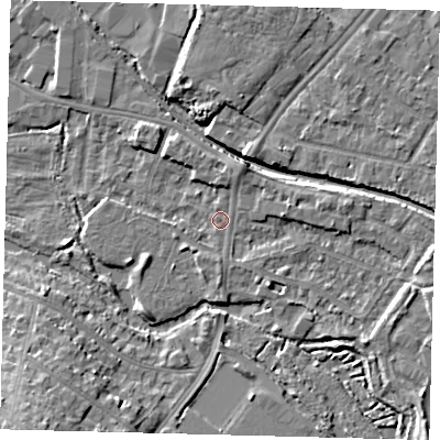 Shaded relief map of the ground around CR44BA, computed from Environment Agency LiDAR. The ground here sits at about 19 m above sea level and falls 13 m across the surrounding 800 m. Surface water reaching this point runs off ground lying to the east-south-east, 3.8 m higher.