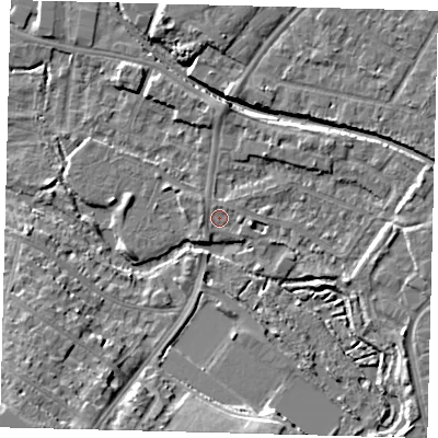 Shaded relief map of the ground around CR44BB, computed from Environment Agency LiDAR. The ground here sits at about 19 m above sea level and falls 16 m across the surrounding 800 m. Surface water reaching this point runs off ground lying to the east-south-east, 2.1 m higher.