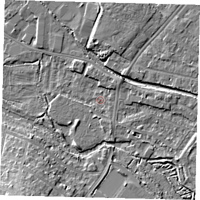 Shaded relief map of the ground around CR44BL, computed from Environment Agency LiDAR. The ground here sits at about 19 m above sea level and falls 13 m across the surrounding 800 m. Surface water reaching this point runs off ground lying to the east-south-east, 3.3 m higher.