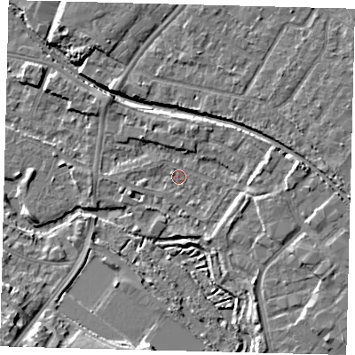 Shaded relief map of the ground around CR44BN, computed from Environment Agency LiDAR. The ground here sits at about 20 m above sea level and falls 13 m across the surrounding 800 m. Surface water reaching this point runs off ground lying to the south-east, 1.2 m higher.