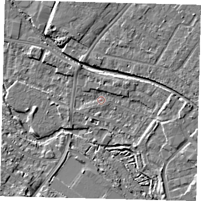 Shaded relief map of the ground around CR44BP, computed from Environment Agency LiDAR. The ground here sits at about 20 m above sea level and falls 12 m across the surrounding 800 m. Surface water reaching this point runs off ground lying to the east, 4.5 m higher.