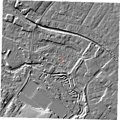 Shaded relief map of the ground around CR44BR, computed from Environment Agency LiDAR. The ground here sits at about 20 m above sea level and falls 13 m across the surrounding 800 m. Surface water reaching this point runs off ground lying to the east-south-east, 1.0 m higher.
