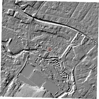 Shaded relief map of the ground around CR44BU, computed from Environment Agency LiDAR. The ground here sits at about 20 m above sea level and falls 15 m across the surrounding 800 m. Surface water reaching this point runs off ground lying to the south-east, 1.9 m higher.