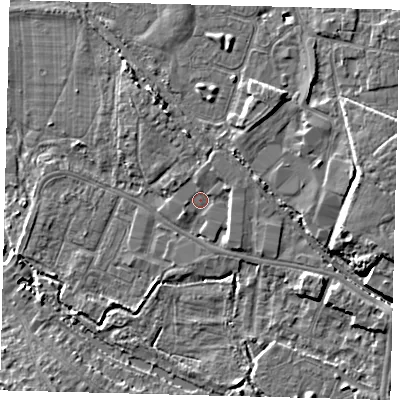 Shaded relief map of the ground around CR44DA, computed from Environment Agency LiDAR. The ground here sits at about 18 m above sea level and falls 6 m across the surrounding 800 m. Surface water reaching this point runs off ground lying to the east-north-east, 1.8 m higher.