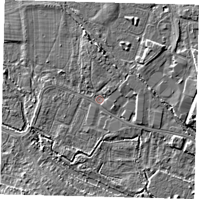 Shaded relief map of the ground around CR44DB, computed from Environment Agency LiDAR. The ground here sits at about 18 m above sea level and falls 6 m across the surrounding 800 m. Surface water reaching this point runs off ground lying to the north, 3.3 m higher.
