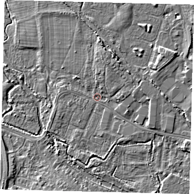 Shaded relief map of the ground around CR44DD, computed from Environment Agency LiDAR. The ground here sits at about 17 m above sea level and falls 7 m across the surrounding 800 m. Surface water reaching this point runs off ground lying to the north-north-east, 4.4 m higher.