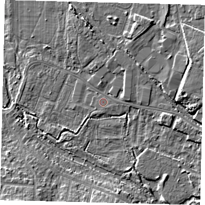 Shaded relief map of the ground around CR44DG, computed from Environment Agency LiDAR. The ground here sits at about 18 m above sea level and falls 8 m across the surrounding 800 m. Surface water reaching this point runs off ground lying to the east, 0.6 m higher.