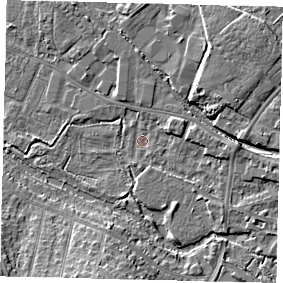 Shaded relief map of the ground around CR44DH, computed from Environment Agency LiDAR. The ground here sits at about 18 m above sea level and falls 10 m across the surrounding 800 m. Surface water reaching this point runs off ground lying to the east, 3.9 m higher.