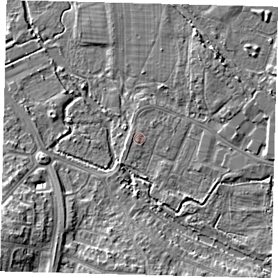 Shaded relief map of the ground around CR44DJ, computed from Environment Agency LiDAR. The ground here sits at about 18 m above sea level and falls 11 m across the surrounding 800 m. Surface water reaching this point runs off ground lying to the south-south-east, 3.2 m higher.