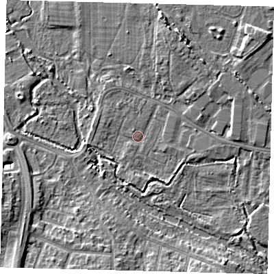 Shaded relief map of the ground around CR44DL, computed from Environment Agency LiDAR. The ground here sits at about 17 m above sea level and falls 9 m across the surrounding 800 m. Surface water reaching this point runs off ground lying to the south-east, 3.5 m higher.