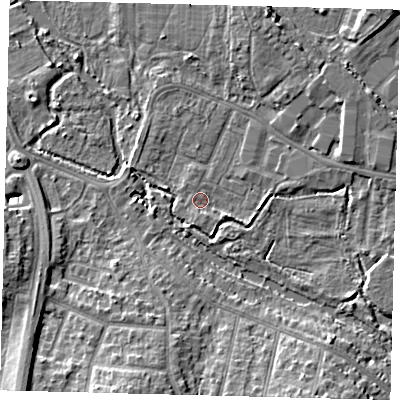 Shaded relief map of the ground around CR44DN, computed from Environment Agency LiDAR. The ground here sits at about 18 m above sea level and falls 10 m across the surrounding 800 m. Surface water reaching this point runs off ground lying to the east-south-east, 2.9 m higher.