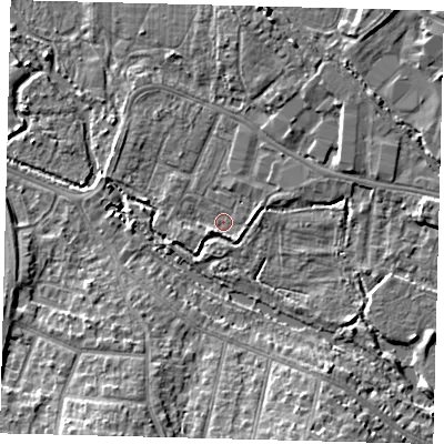 Shaded relief map of the ground around CR44DP, computed from Environment Agency LiDAR. The ground here sits at about 17 m above sea level and falls 11 m across the surrounding 800 m. Surface water reaching this point runs off ground lying to the east, 4.2 m higher.