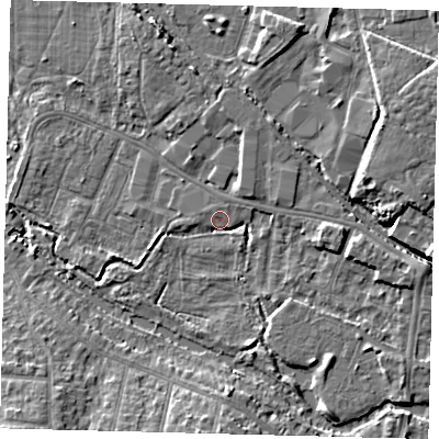 Shaded relief map of the ground around CR44DQ, computed from Environment Agency LiDAR. The ground here sits at about 18 m above sea level and falls 9 m across the surrounding 800 m. Surface water reaching this point runs off ground lying to the east, 2.0 m higher.