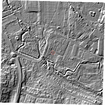 Shaded relief map of the ground around CR44DS, computed from Environment Agency LiDAR. The ground here sits at about 17 m above sea level and falls 11 m across the surrounding 800 m. Surface water reaching this point runs off ground lying to the south-east, 3.6 m higher.