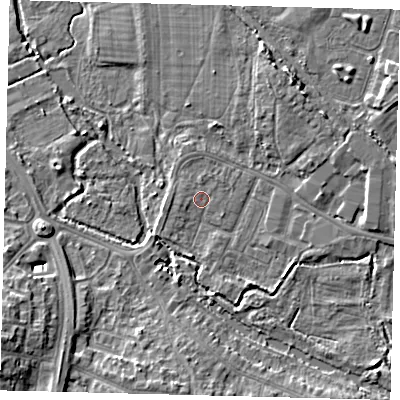 Shaded relief map of the ground around CR44DT, computed from Environment Agency LiDAR. The ground here sits at about 17 m above sea level and falls 10 m across the surrounding 800 m. Surface water reaching this point runs off ground lying to the south-east, 3.6 m higher.